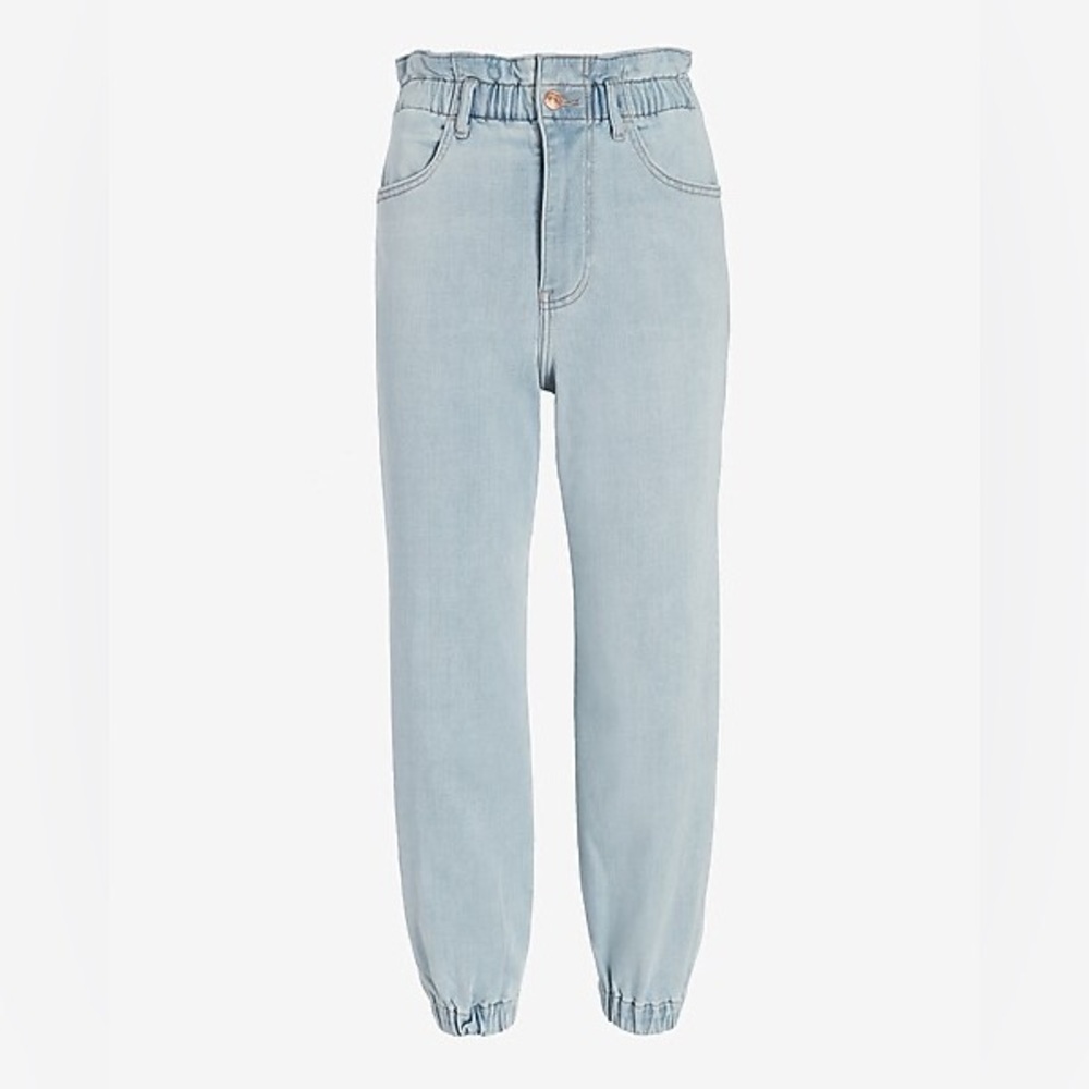 Express Super High Rise Jogger Jeans Light Wash Denim Paperbag Waist Fit sz 0 - Picture 5 of 11